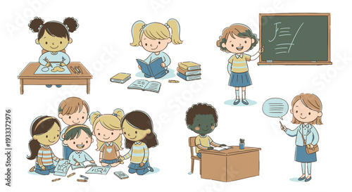 Children in classroom setting engaging in various educational activities.