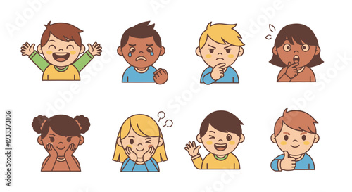 Diverse cartoon children with various facial expressions and gestures.