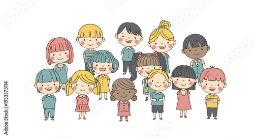 Diverse group of cartoon children standing together happily.