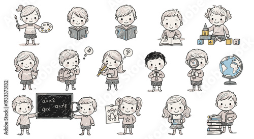 Collection of cartoon children engaging in various educational activities.