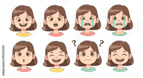 Cartoon woman expressing various emotions with different facial expressions.