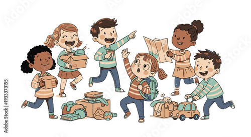 Children happily moving boxes and bags with enthusiasm and energy.