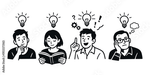 Group of people thinking, getting insights, and finding solutions through creative processes, reading, and brainstorming