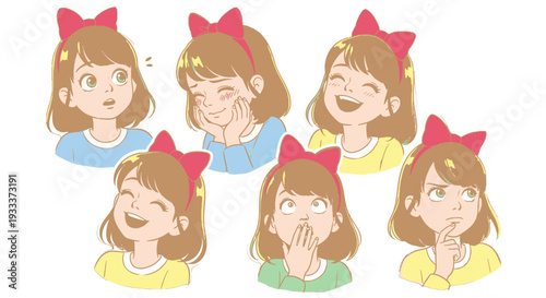 Cartoon girl with different facial expressions and emotions.
