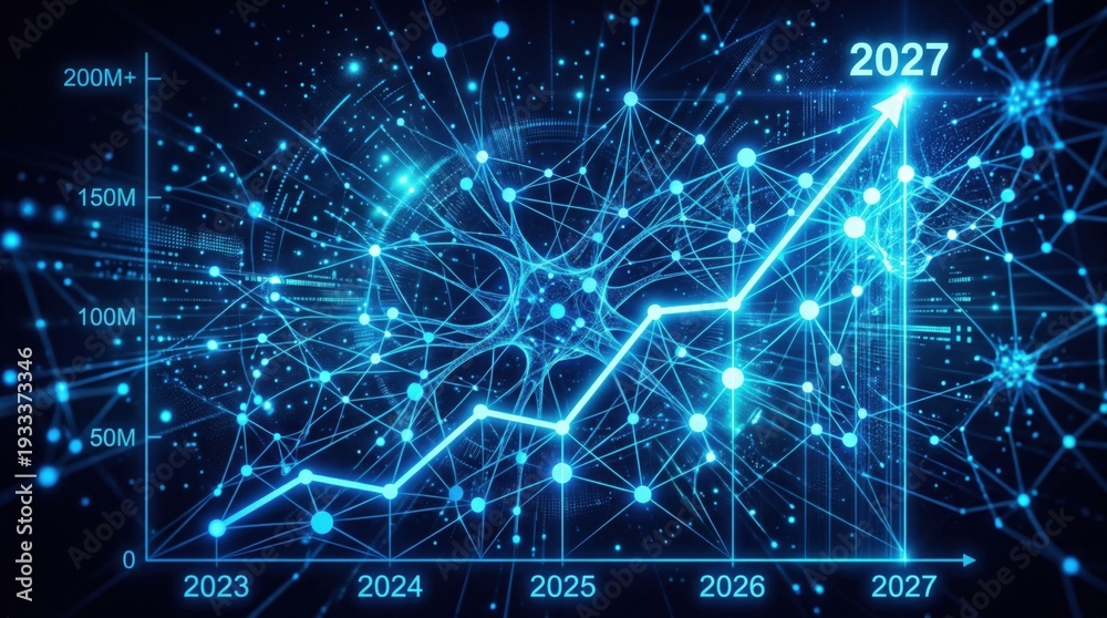 Obraz premium Digital neural network growth chart accelerating to 2027. Artificial intelligence data expansion concept.