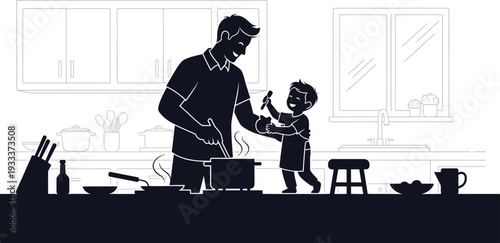 Father and Son Cooking Together in Kitchen.