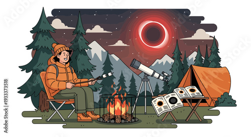 Astronomy enthusiast observing solar eclipse from campsite.