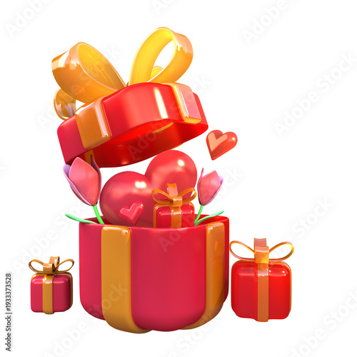 3D pink gift box with balloons flying out, no background, isolated
