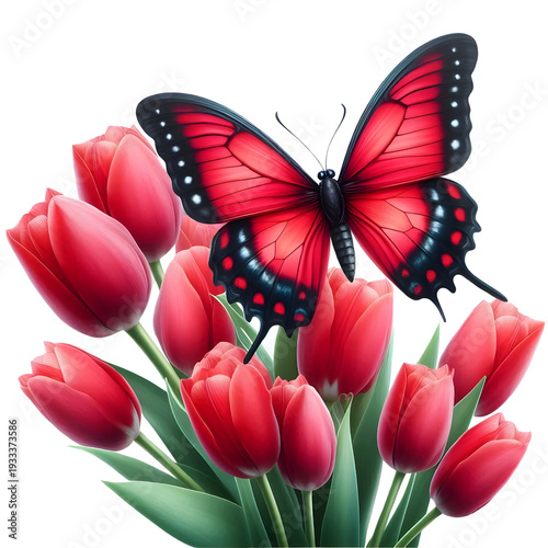 3D red tulips with a red butterfly, no background, isolated