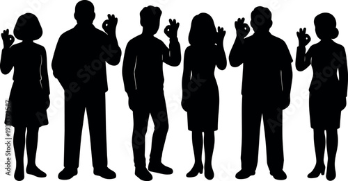 Minimal flat design group silhouette showing six people standing with ok gesture frontal view black and white gaze business attire