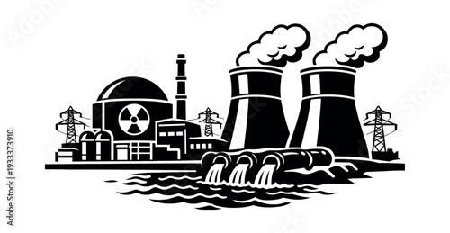 Power plant facility producing atomic energy, featuring reactor building, cooling towers, and water discharge creating pollution