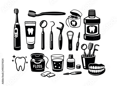 Grouping essential dental care tools for maintaining oral hygiene, preventing cavities, and ensuring healthy teeth