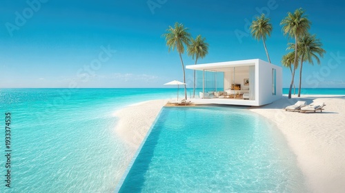 Modern beachfront house with a pool and palm trees under a clear blue sky