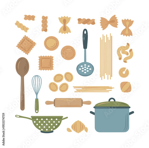 Variety of uncooked pasta options paired with necessary kitchen utensils for crafting tasty homemade Italian dishes