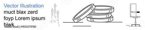 Economic growth, business strategy, modern finance, investment planning, productivity, workplace setup. Coins and upward arrows beside an empty office chair. Economic growth and business strategy