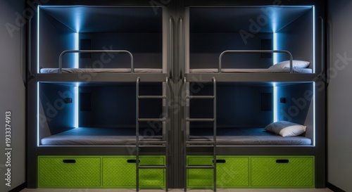 Wallpaper Mural Modern Hostel Dorms Interior Featuring Neon Lights and Compact Sleeping Arrangements Torontodigital.ca
