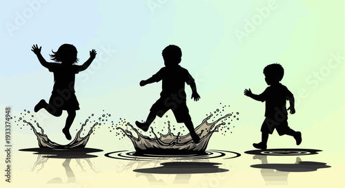 Children Running and Playing in Water Silhouettes.