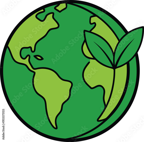Green earth globe with integrated leaf on right side vector illustration EPS PNG file