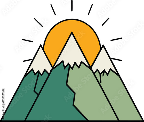 Yellow sun rising over green and white mountain peaks vector illustration EPS PNG file