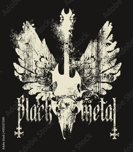 Vector banner with words Black metal written in gothic font, with electric guitar, wings, inverted crosses and horned bull skull. Leaflet, poster, t-shirt design, music cover, flyer
