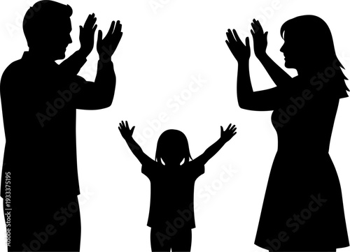 Silhouette of Happy Family with Raised Hands.
