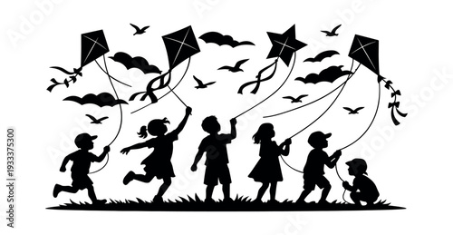 Children are running and standing, flying kites in an open field, expressing happiness and carefree innocence under a clear sky
