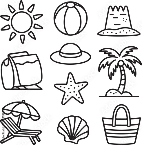 Travel icon set. Summer vacations and holiday symbol vector illustration. Collection of traveling and tourism elements.