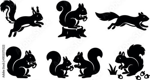 Flat design squirrel icon set showing six black silhouette poses running sitting eating nut holding stump pair interaction side view