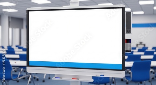 Wallpaper Mural Modern Interactive Display in a Classroom with Blue Chairs and White Desks Torontodigital.ca