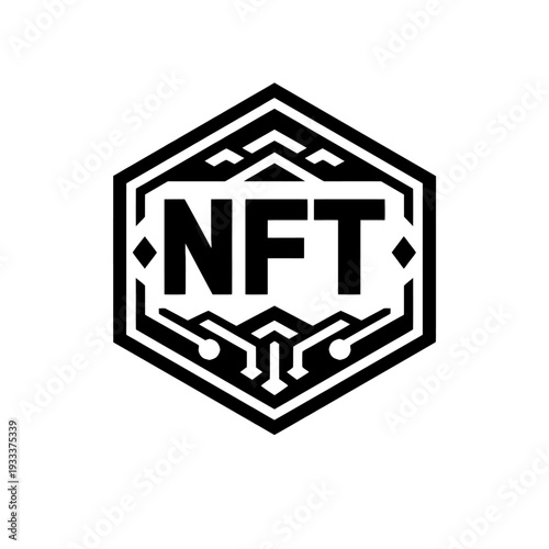 Premium NFT Logo Design: Bold Hexagonal Non-Fungible Token Emblem, Featuring Modern Digital Circuitry & Blockchain Aesthetics for Crypto Art, Collectibles, and Metaverse Platforms, Symbolizing Unique