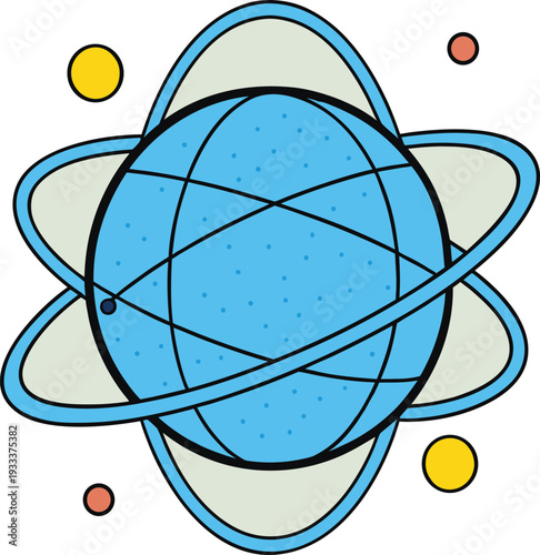 Blue sphere with black orbit rings and yellow and brown dots vector illustration EPS PNG file