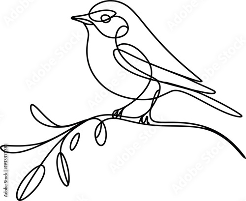 A single continuous line elegantly forms the shape of a small bird. The bird sits calmly on a curved branch adorned with several leaves. 