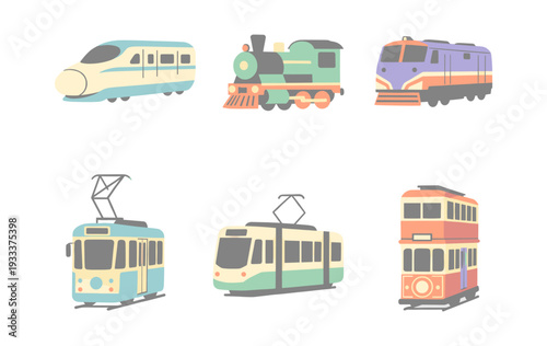 Different types of rail vehicles including bullet train, steam engine, diesel locomotive, modern trams, and vintage double-decker streetcar