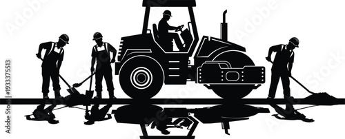 Road Construction Workers with Asphalt Roller Machine Silhouette Reflection on Surface Isolated on White Background Industrial Vector Illustration