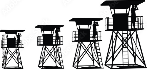Security Guard Watchtower Silhouette Set with Observer Using Binoculars on Elevated Platforms Isolated on White Background Vector Illustration
