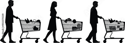 Shopping People Silhouettes with Grocery Carts Full of Products Isolated on White Background Black Vector Illustration Set Collection of Customers