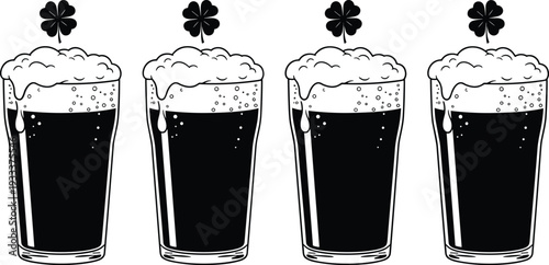 St Patrick Day Dark Beer Pint Glass with Foam and Shamrock Black and White Vector Illustration Set