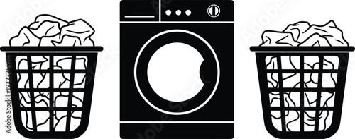 Washing Machine and Laundry Baskets Silhouette Icon Set Black and White Vector Illustration Isolated on White Background
