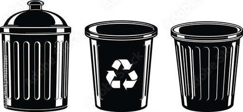 Trash Can and Recycling Bin Set Silhouette Collection Isolated on White Background Waste Management Vector Illustration