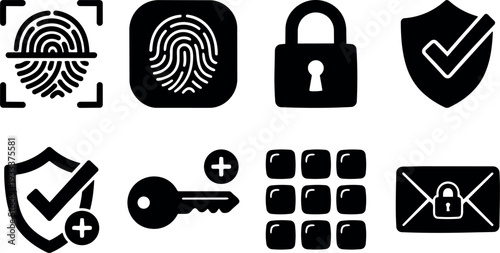 Flat design security icon set with fingerprint lock key shield keypad and secure envelope in simple black minimal collection icons