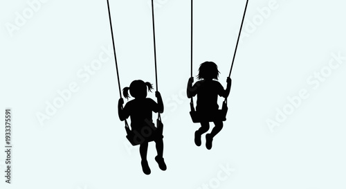 Two Children Silhouettes on Swing Ropes.