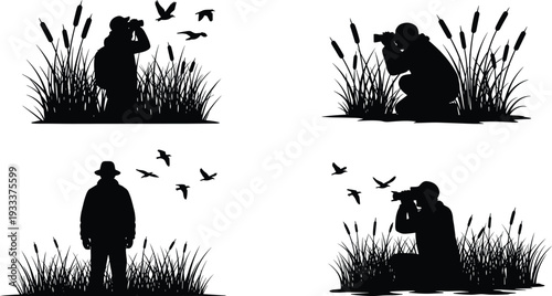 Wildlife Photographer Silhouettes Observing Birds in Wetland Reeds with Binoculars and Camera Isolated on White Background Vector Illustration