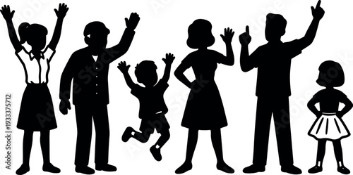 Silhouette vector family group waving parents and children jumping and posing in playful high contrast flat design black studio portrait