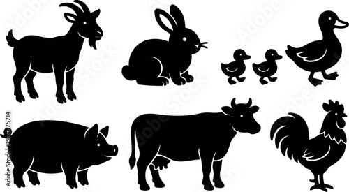 Flat design black silhouette farm animal set goat rabbit ducklings duck pig cow rooster arranged on white background side view