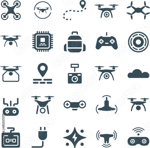 Drone technology icons set with quadcopter remote controller gps camera battery and aerial photography symbols