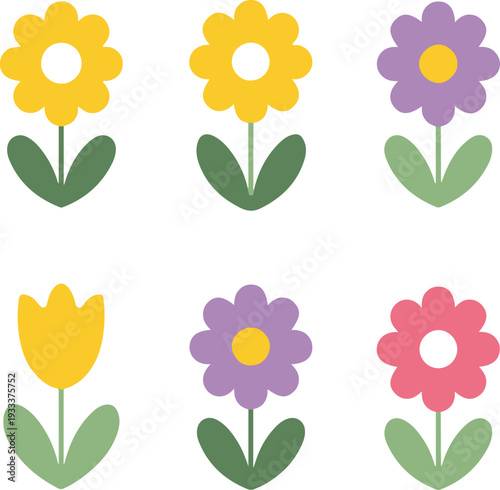 Spring flowers cartoon vector icon set with colorful tulips, daisies, and other blooms isolated