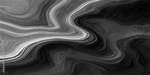 A dark and flowing abstract black and white background features a smooth liquid silk texture with soft waves and a satin swirl design for a modern wallpaper pattern