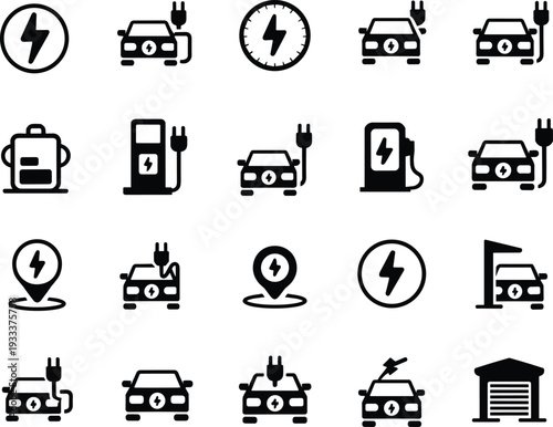 Electric vehicle charging icons set, EV station symbols, eco friendly transport, battery energy power, car plug technology, sustainable city navigation. (20 words)