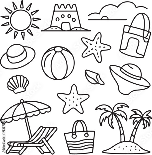 Summer beach icon set with sun, sea, palm, umbrella, sunglasses, boat, sand, and fun holiday symbols in colorful vector illustration style