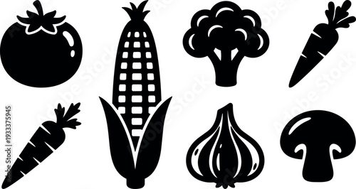 Flat design bold vegetable icon set close up black silhouette corn tomato broccoli carrot carrot garlic mushroom isolated on white